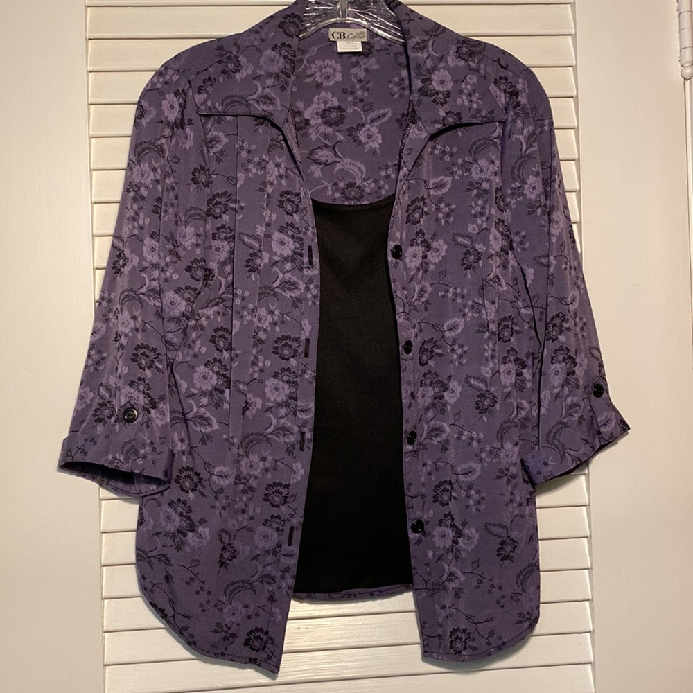 Purple brocade blouse with sewn in black tank. PM, 3/4 sleeve w/ buttoned cuff.